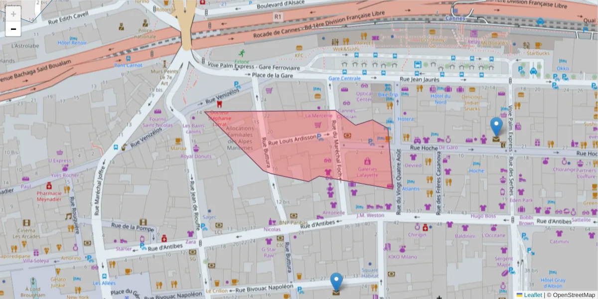 Carte de la zone du code postal  et des codes postaux voisins en France