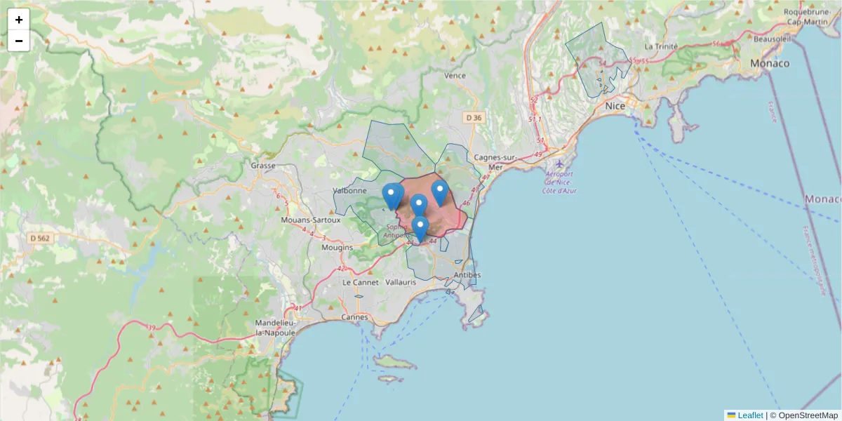 Carte de la zone du code postal  et des codes postaux voisins en France