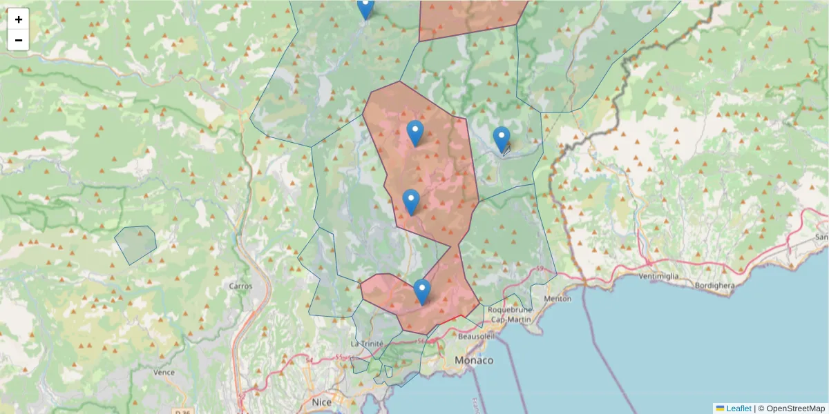 Carte de la zone du code postal  et des codes postaux voisins en France