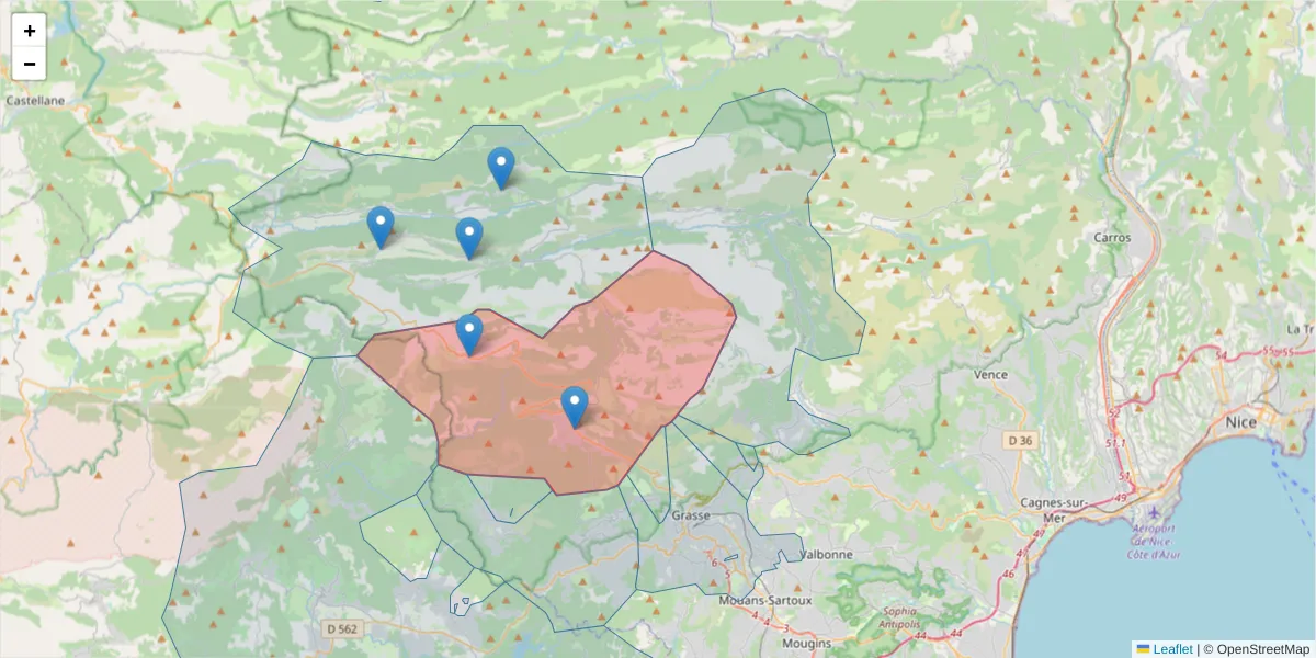 Carte de la zone du code postal  et des codes postaux voisins en France