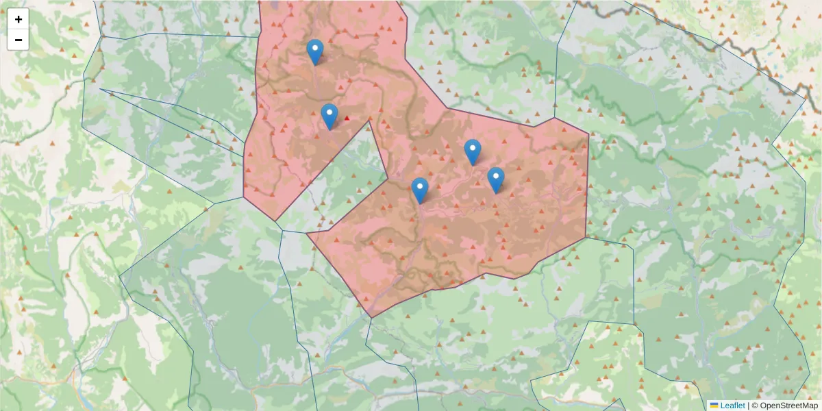Carte de la zone du code postal  et des codes postaux voisins en France