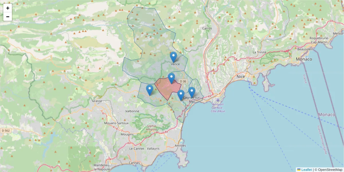 Carte de la zone du code postal  et des codes postaux voisins en France