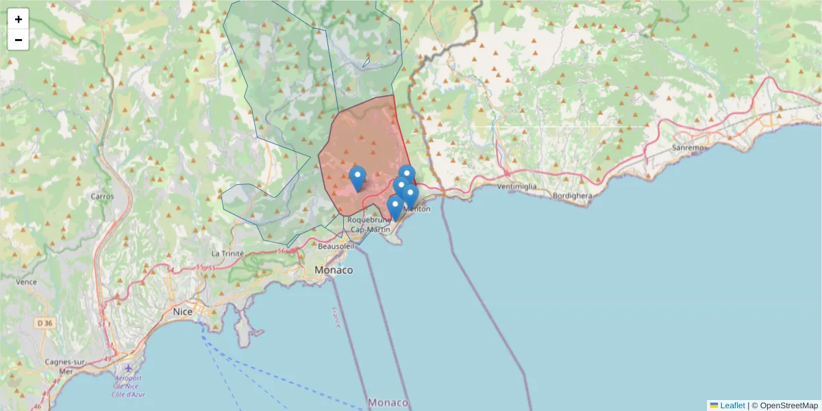 Carte de la zone du code postal  et des codes postaux voisins en France