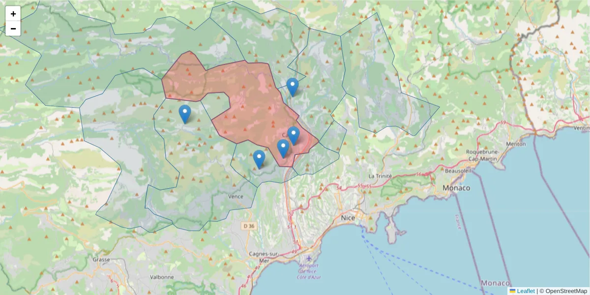 Carte de la zone du code postal  et des codes postaux voisins en France