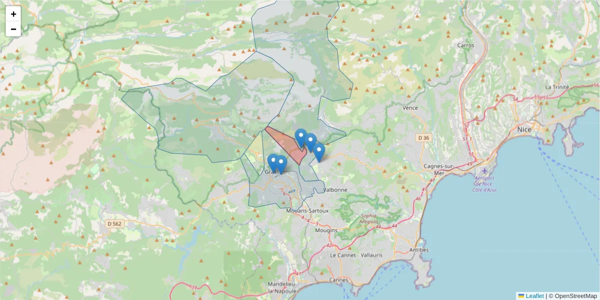 Carte de la zone du code postal  et des codes postaux voisins en France