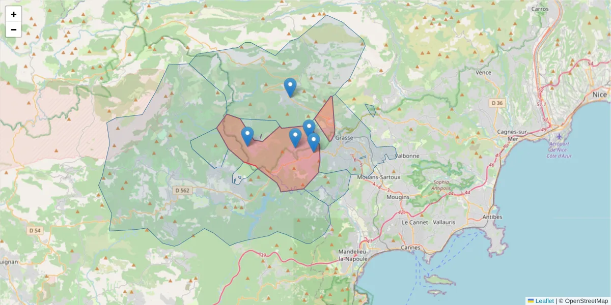 Carte de la zone du code postal  et des codes postaux voisins en France