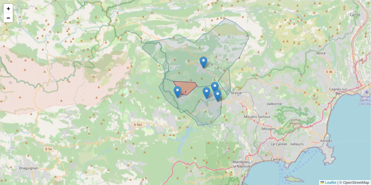 Carte de la zone du code postal  et des codes postaux voisins en France