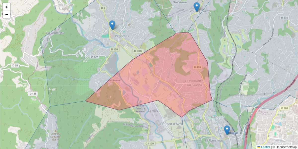 Carte de la zone du code postal  et des codes postaux voisins en France