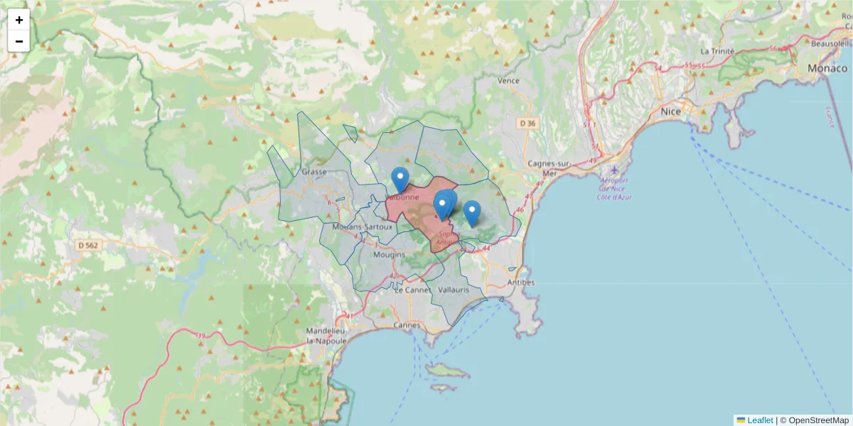 Carte de la zone du code postal  et des codes postaux voisins en France