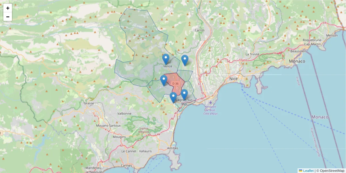 Carte de la zone du code postal  et des codes postaux voisins en France