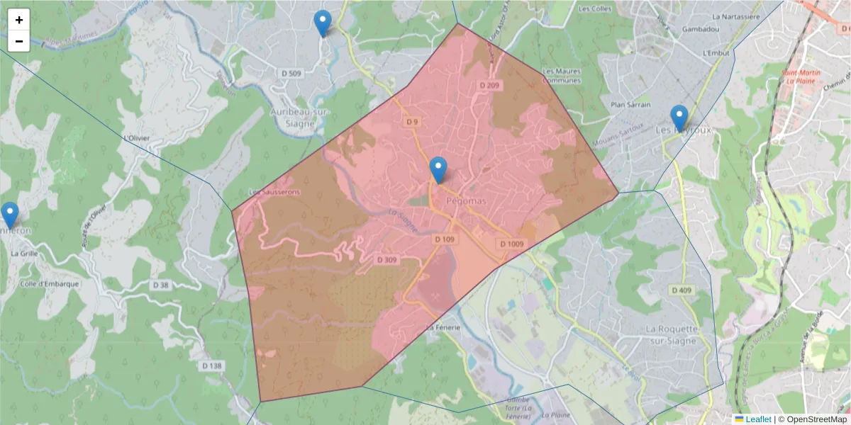 Carte de la zone du code postal  et des codes postaux voisins en France