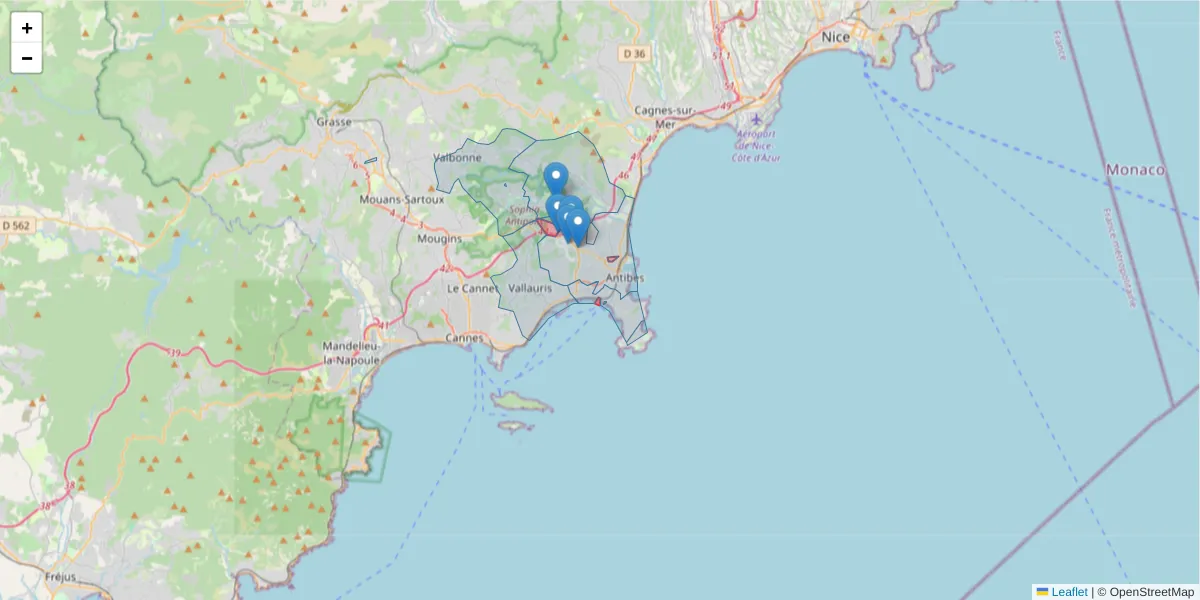 Carte de la zone du code postal  et des codes postaux voisins en France