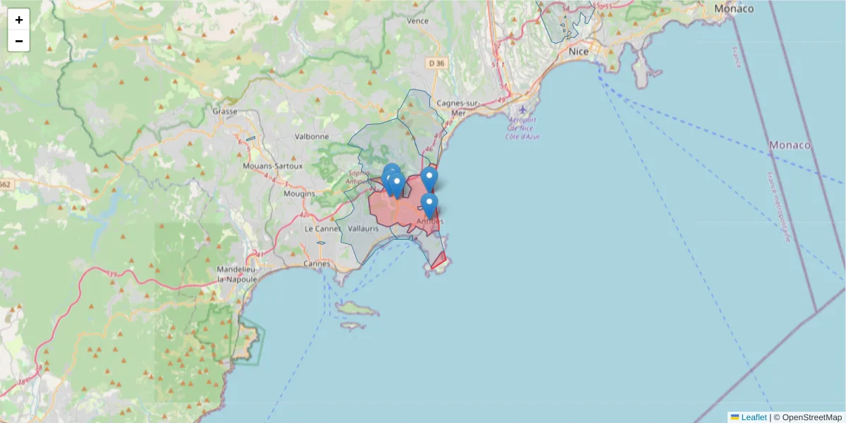 Carte de la zone du code postal  et des codes postaux voisins en France
