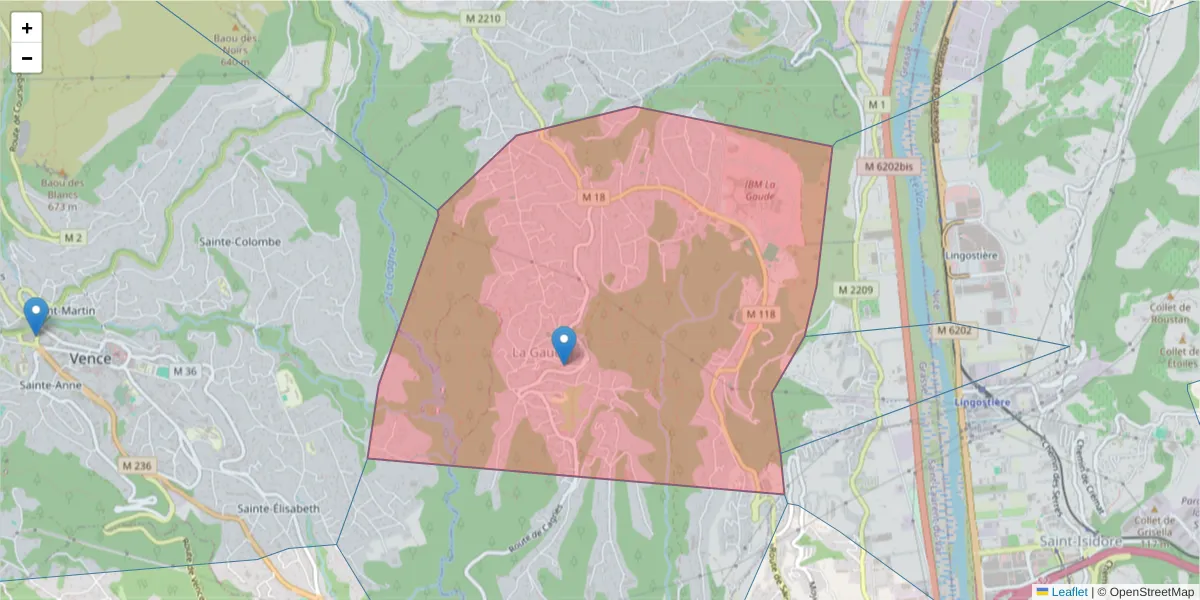 Carte de la zone du code postal  et des codes postaux voisins en France