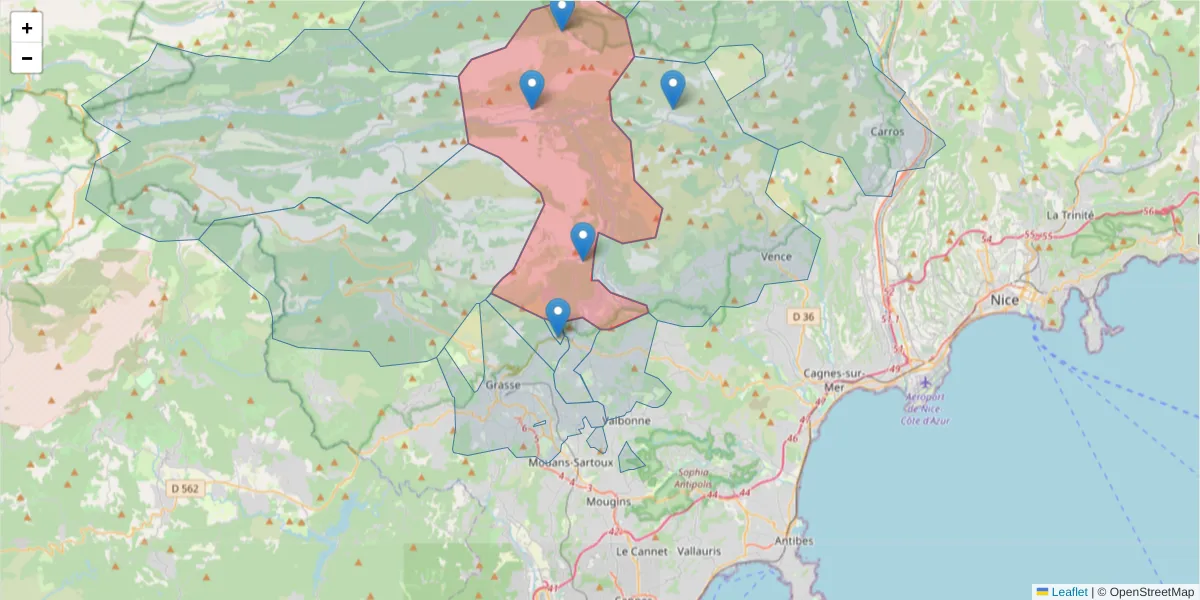 Carte de la zone du code postal  et des codes postaux voisins en France