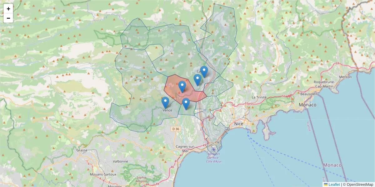 Carte de la zone du code postal  et des codes postaux voisins en France