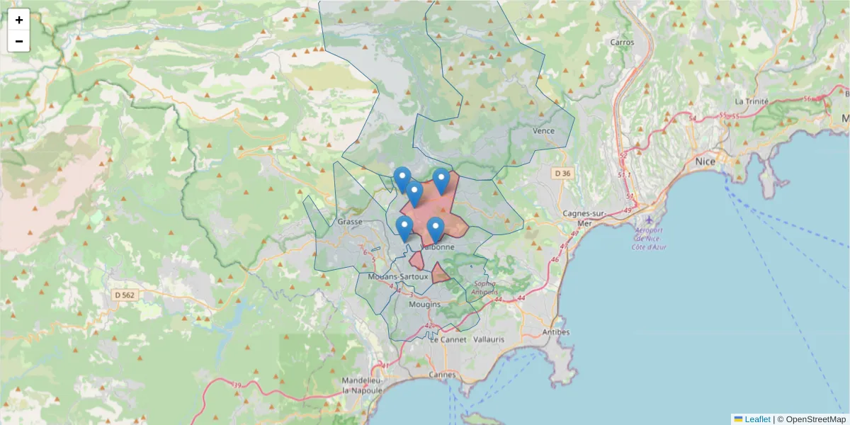 Carte de la zone du code postal  et des codes postaux voisins en France