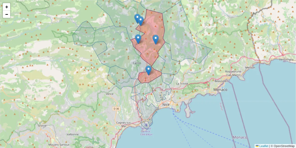 Carte de la zone du code postal  et des codes postaux voisins en France