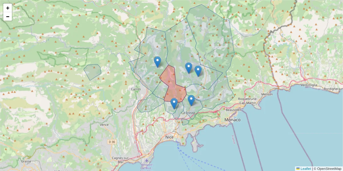 Carte de la zone du code postal  et des codes postaux voisins en France