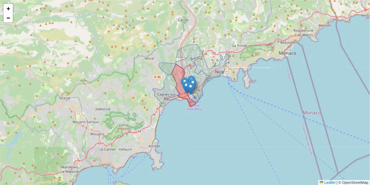 Carte de la zone du code postal  et des codes postaux voisins en France