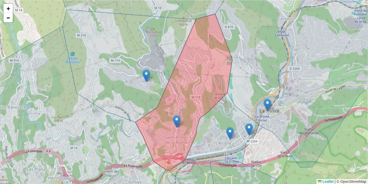 Carte de la zone du code postal  et des codes postaux voisins en France