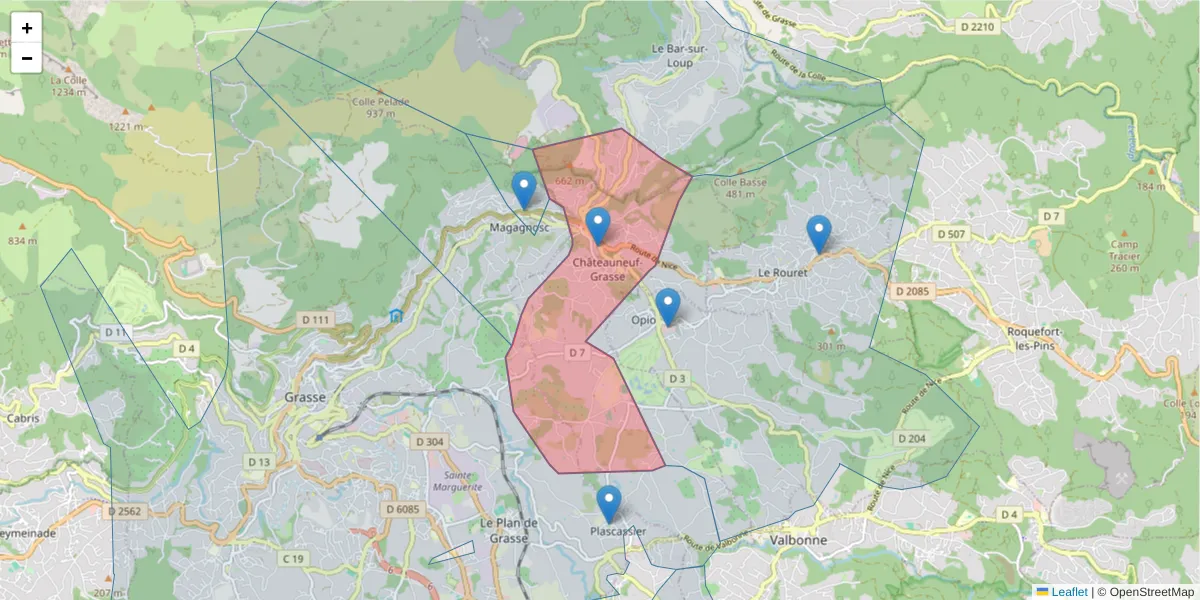 Carte de la zone du code postal  et des codes postaux voisins en France