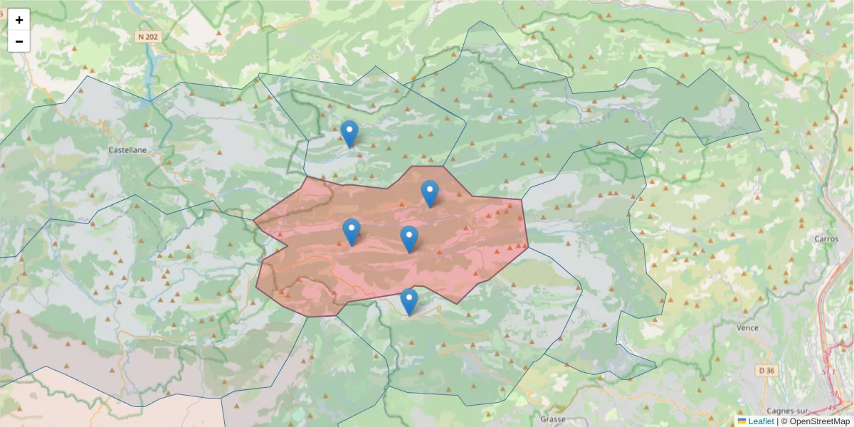 Carte de la zone du code postal  et des codes postaux voisins en France