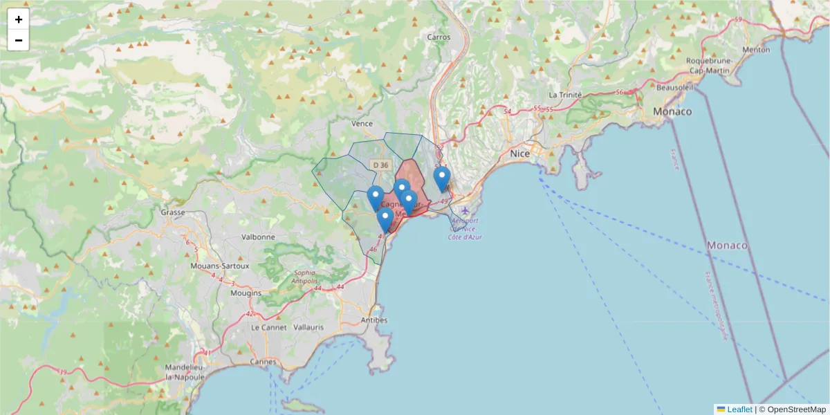 Carte de la zone du code postal  et des codes postaux voisins en France
