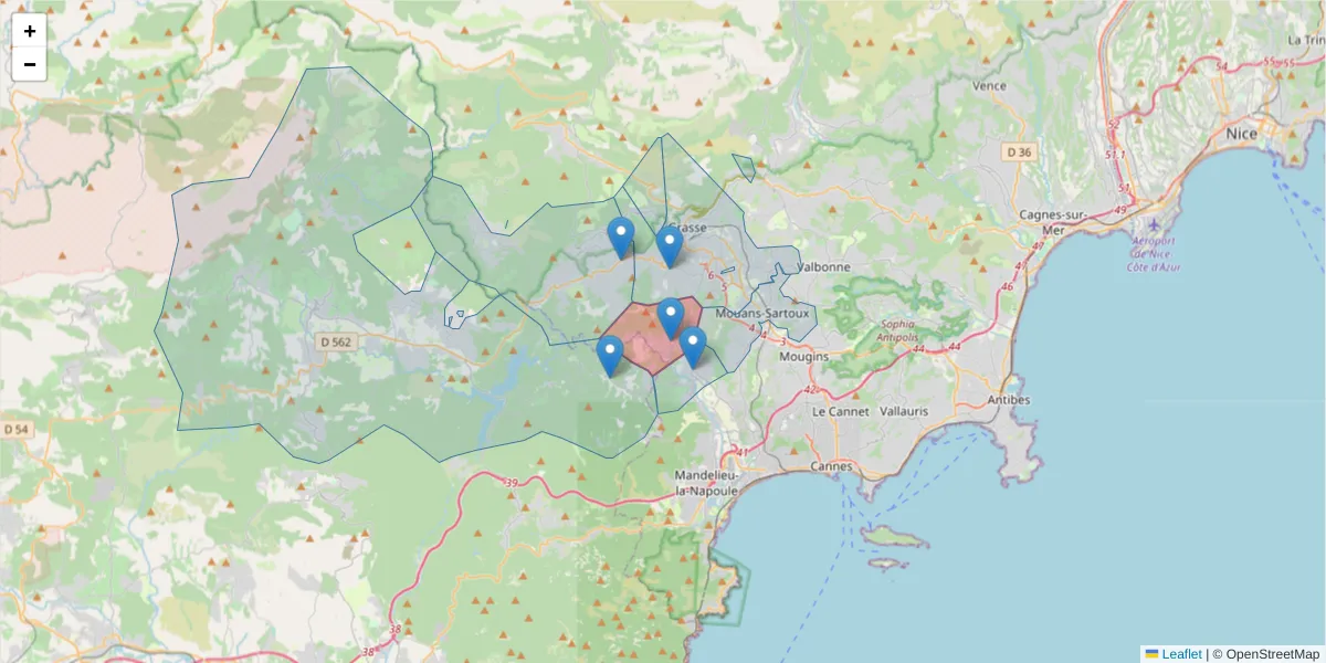 Carte de la zone du code postal  et des codes postaux voisins en France