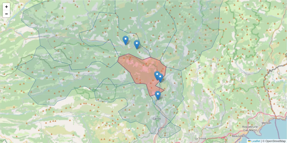 Carte de la zone du code postal  et des codes postaux voisins en France