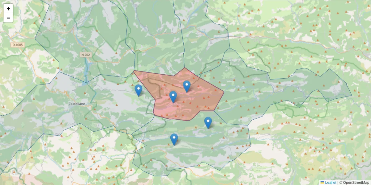 Carte de la zone du code postal  et des codes postaux voisins en France