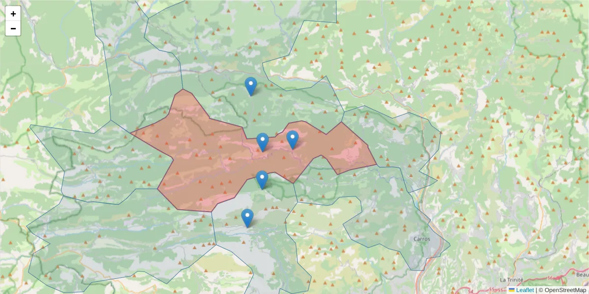 Carte de la zone du code postal  et des codes postaux voisins en France