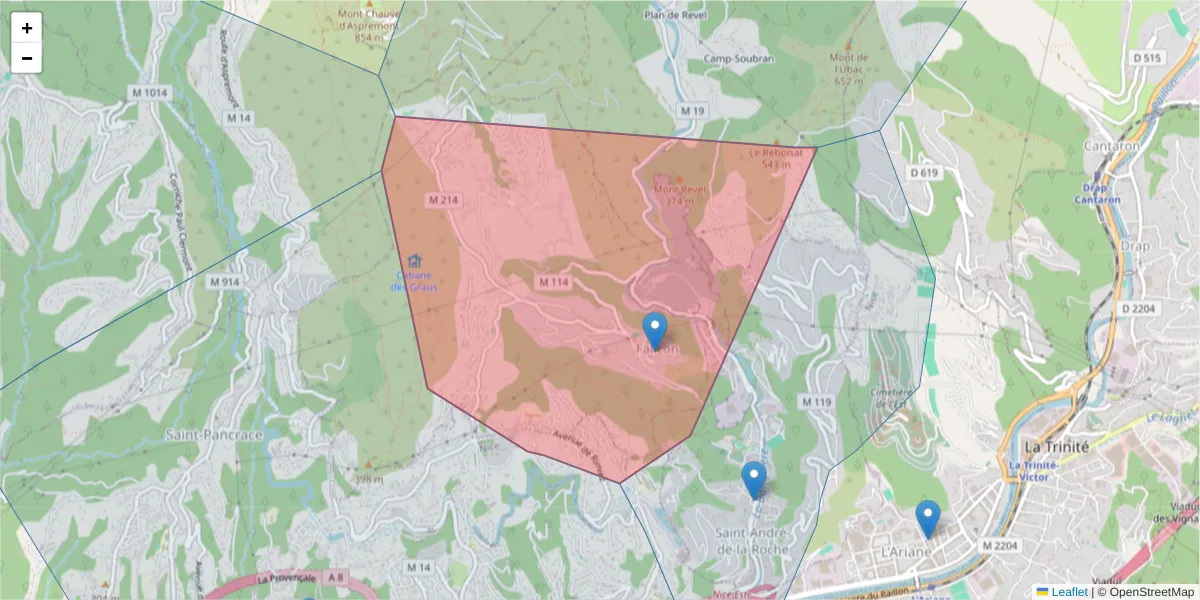 Carte de la zone du code postal  et des codes postaux voisins en France
