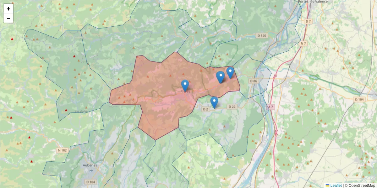 Carte de la zone du code postal  et des codes postaux voisins en France