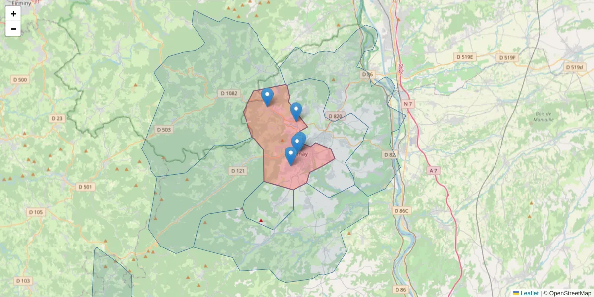 Carte de la zone du code postal  et des codes postaux voisins en France