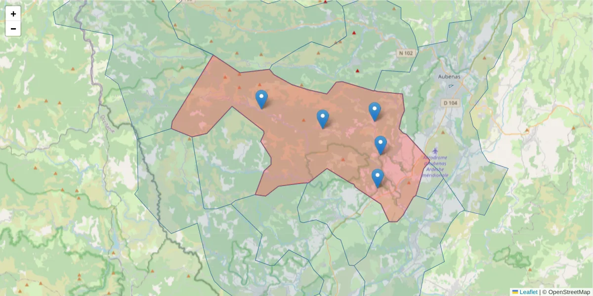 Carte de la zone du code postal  et des codes postaux voisins en France