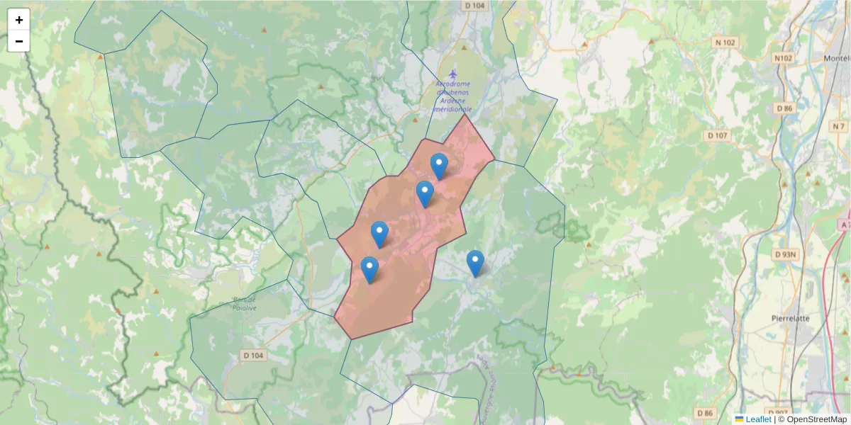 Carte de la zone du code postal  et des codes postaux voisins en France