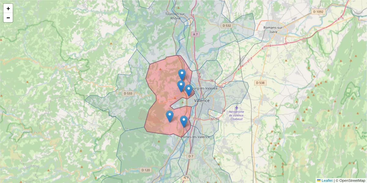 Carte de la zone du code postal  et des codes postaux voisins en France