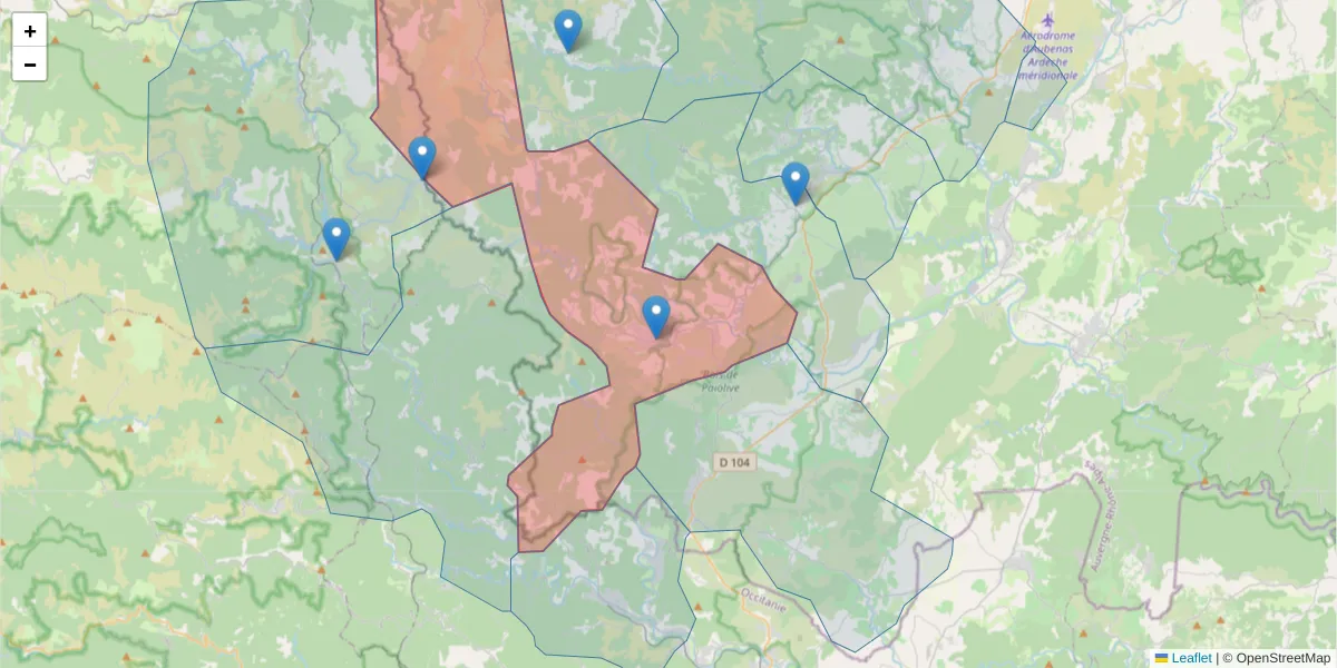 Carte de la zone du code postal  et des codes postaux voisins en France