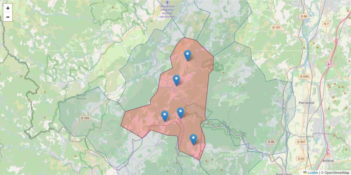Carte de la zone du code postal  et des codes postaux voisins en France