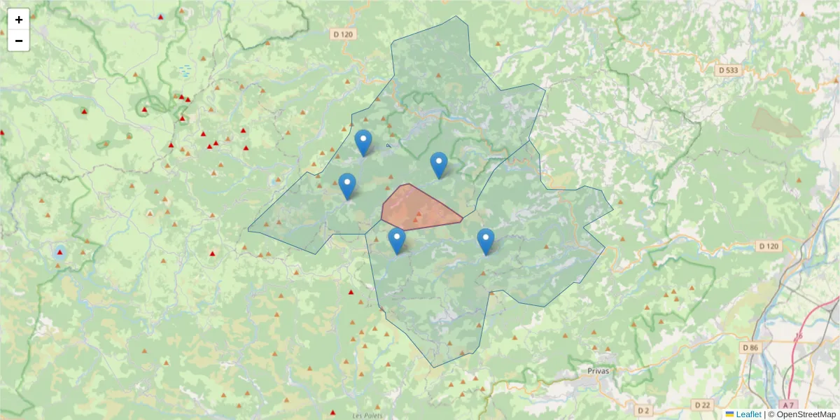 Carte de la zone du code postal  et des codes postaux voisins en France