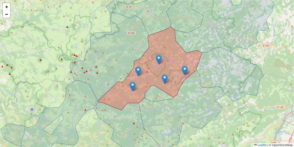 Carte de la zone du code postal  et des codes postaux voisins en France