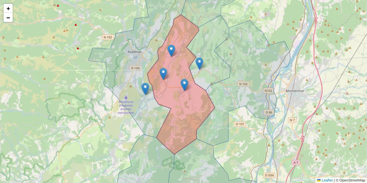 Carte de la zone du code postal  et des codes postaux voisins en France