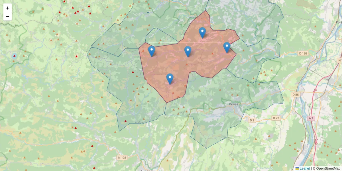 Carte de la zone du code postal  et des codes postaux voisins en France