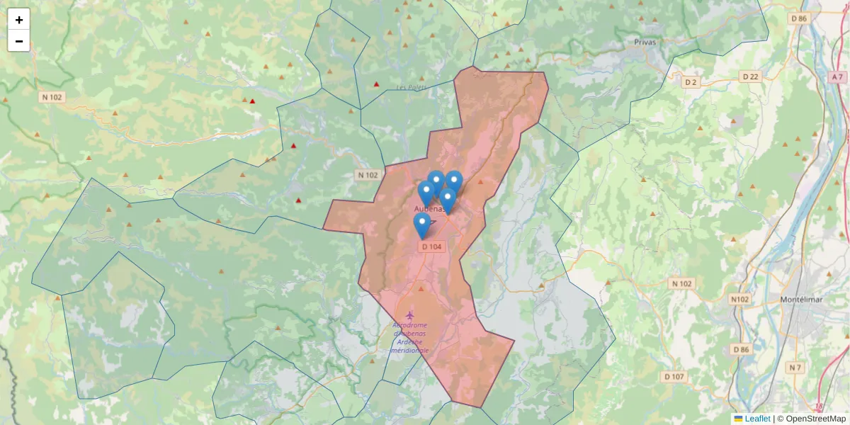 Carte de la zone du code postal  et des codes postaux voisins en France