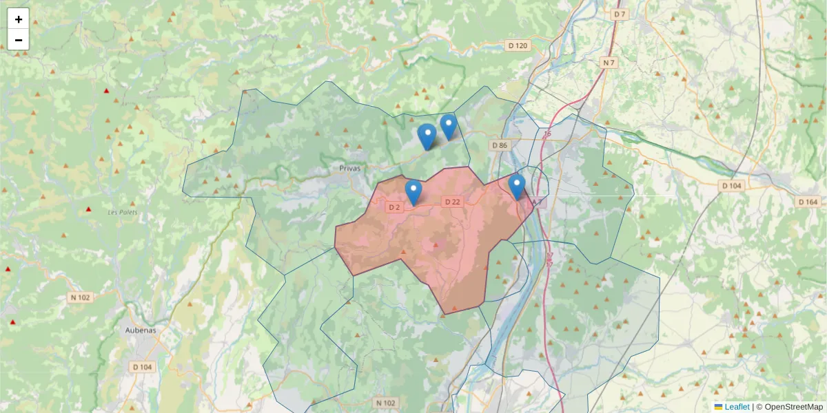 Carte de la zone du code postal  et des codes postaux voisins en France