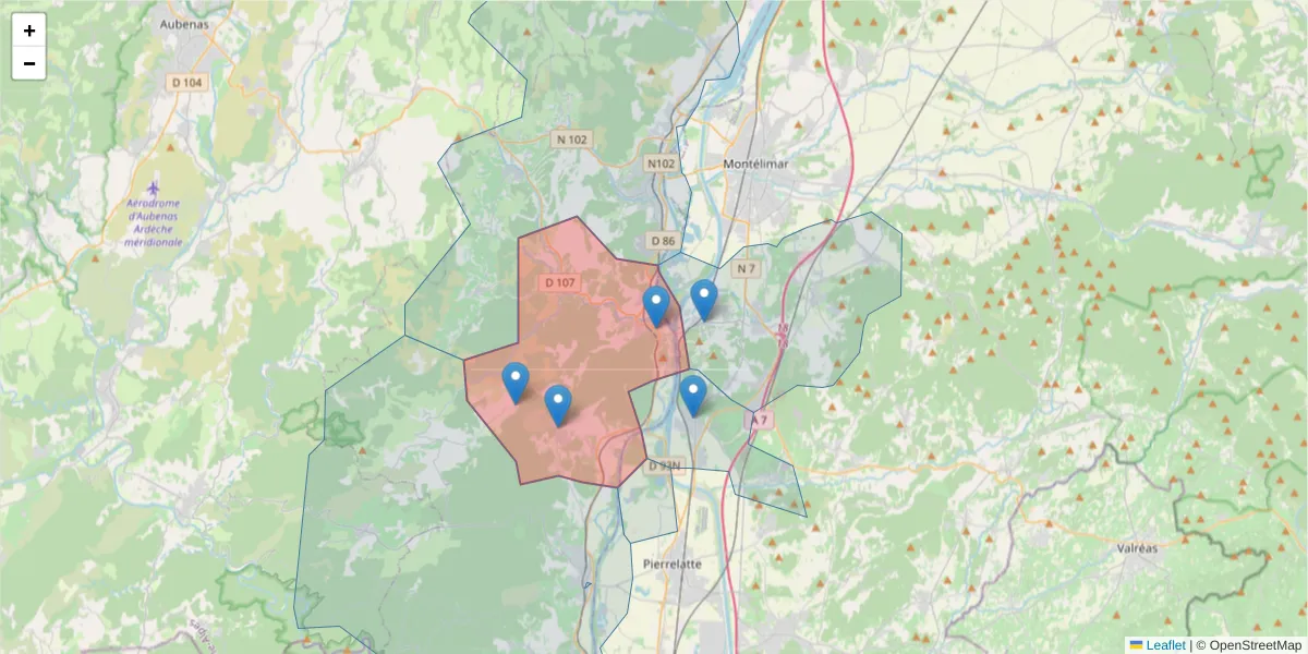 Carte de la zone du code postal  et des codes postaux voisins en France