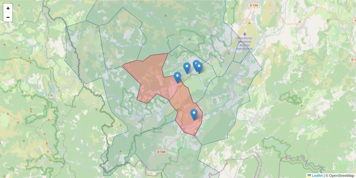 Carte de la zone du code postal  et des codes postaux voisins en France