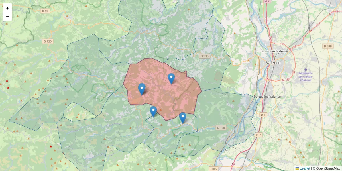 Carte de la zone du code postal  et des codes postaux voisins en France