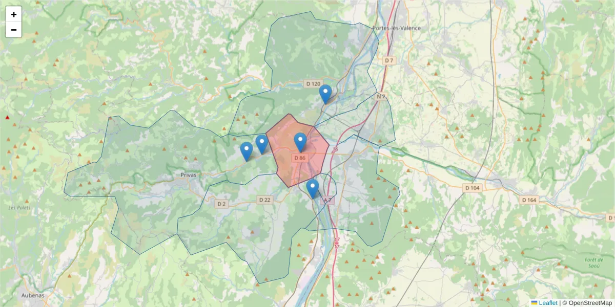 Carte de la zone du code postal  et des codes postaux voisins en France